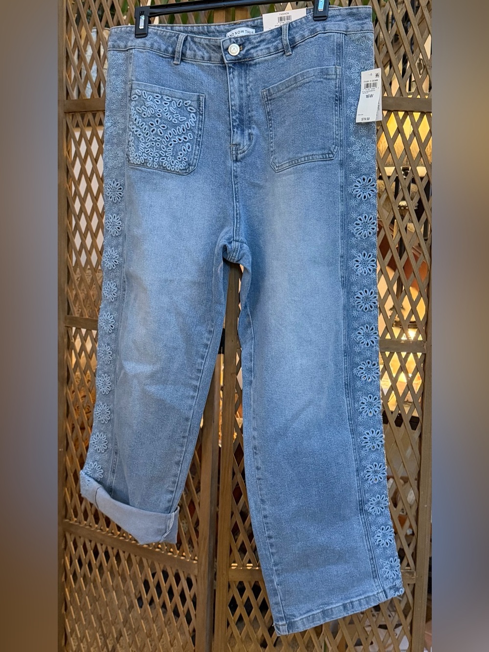And Now This-High-Rise Floral Eyelet Embroidered Trim Denim Jeans in Light Blue